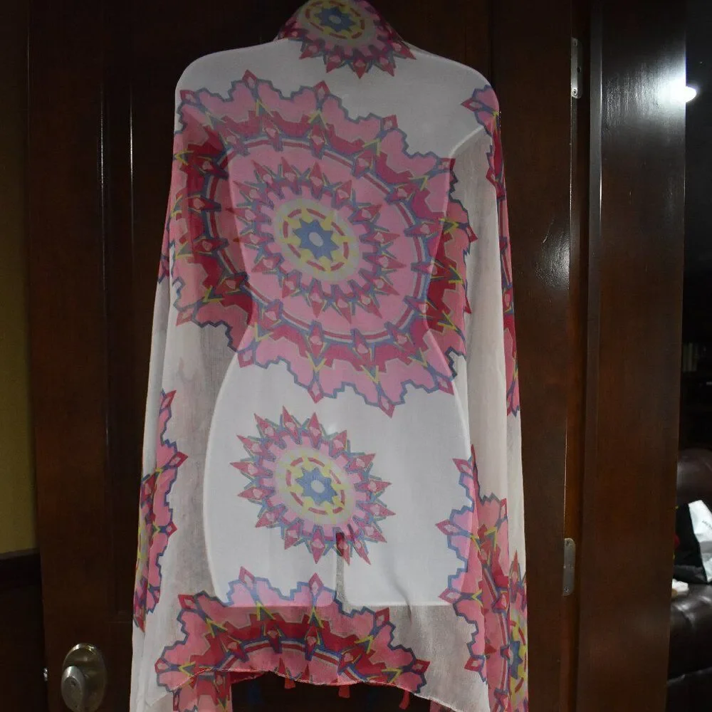 Boho Floral Tassel Scarf Shawl Red Pink White Sheer Lightweight Gypsy Chic